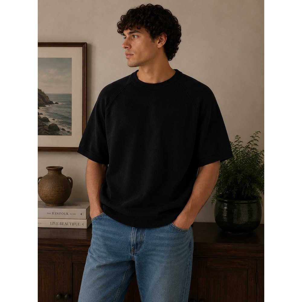 Bachrach Mens‎ Black Short Sleeve Knit Sweater Crew Neck Raglan Top XL |K1